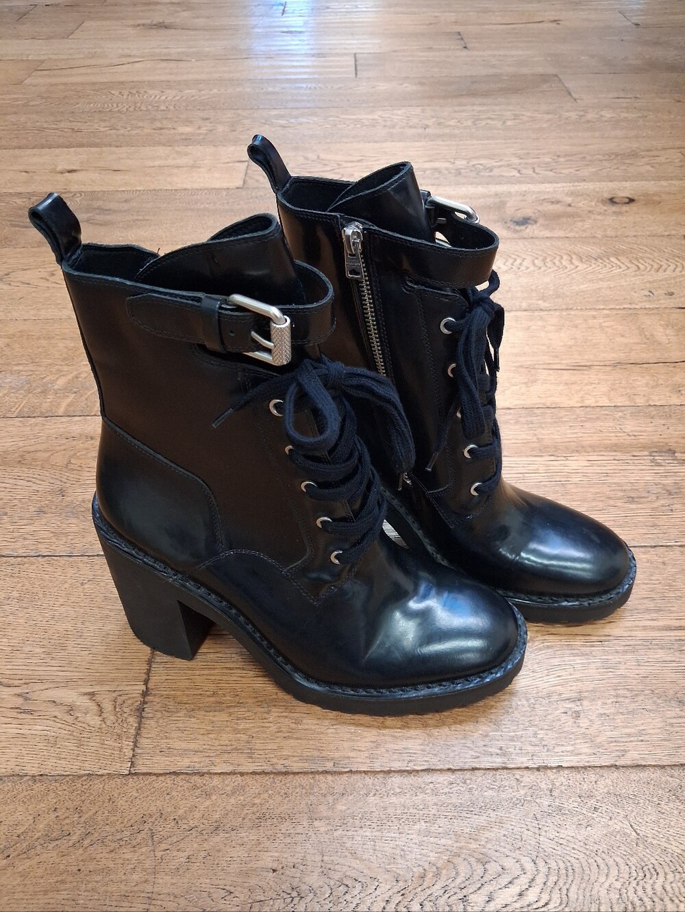 AllSaints Cacey Black Leather Buckle Lace Up Block Heel Combat Boots Size 9 - Picture 2 of 6